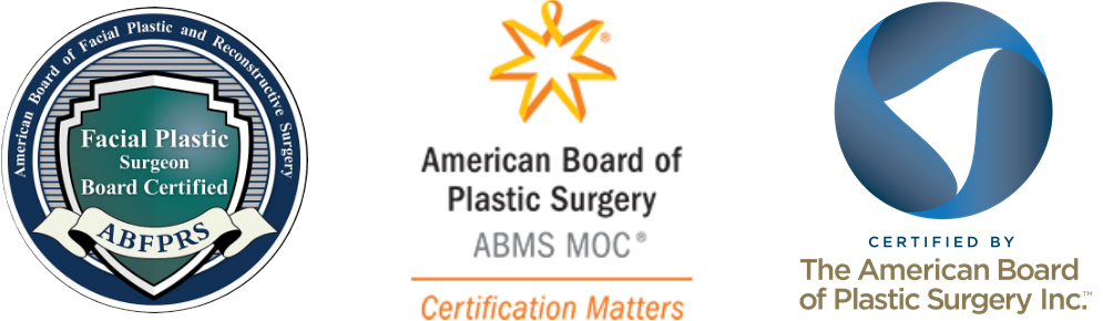 Dr. Lee's credential badges including Facial Plastic Surgeon Board Certified, American Board of Plastic Surgery and The American Board of Plastic Surgery Inc.